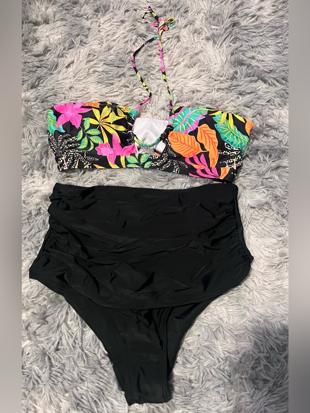 SHEIN Black High-Waist Bikini Bottoms with Neon Floral Bandeau Top